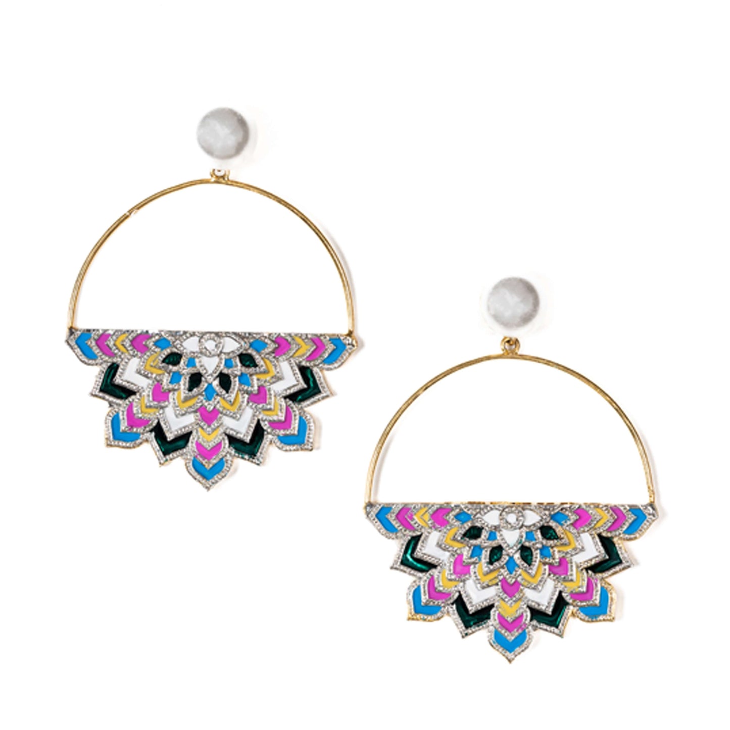 Golden hoop pearl stud enamel mandala ethereal earrings