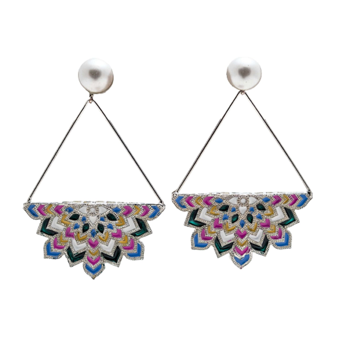Silver hoop pearl stud mandala enamel ethereal earrings