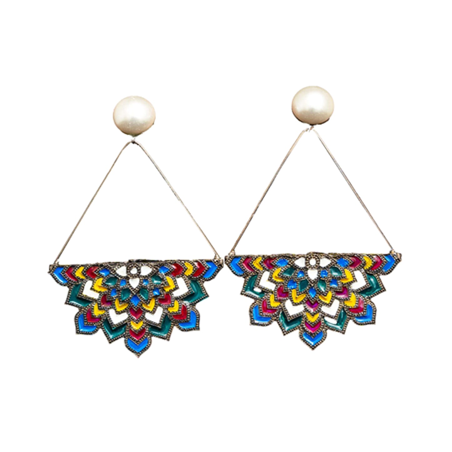 Pearl stud colourful enamel ethereal mandala earrings