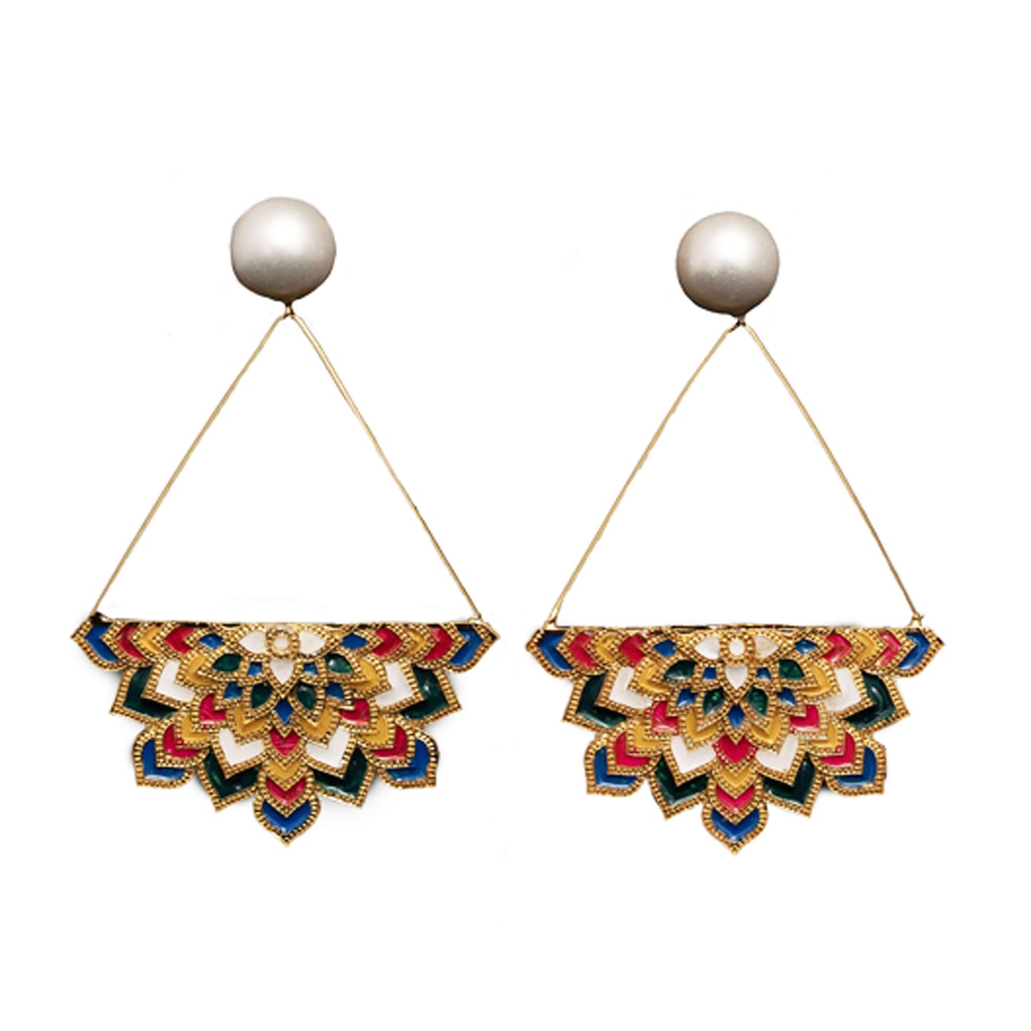 Fancy mandala ethereal golden coloured enamel earrings