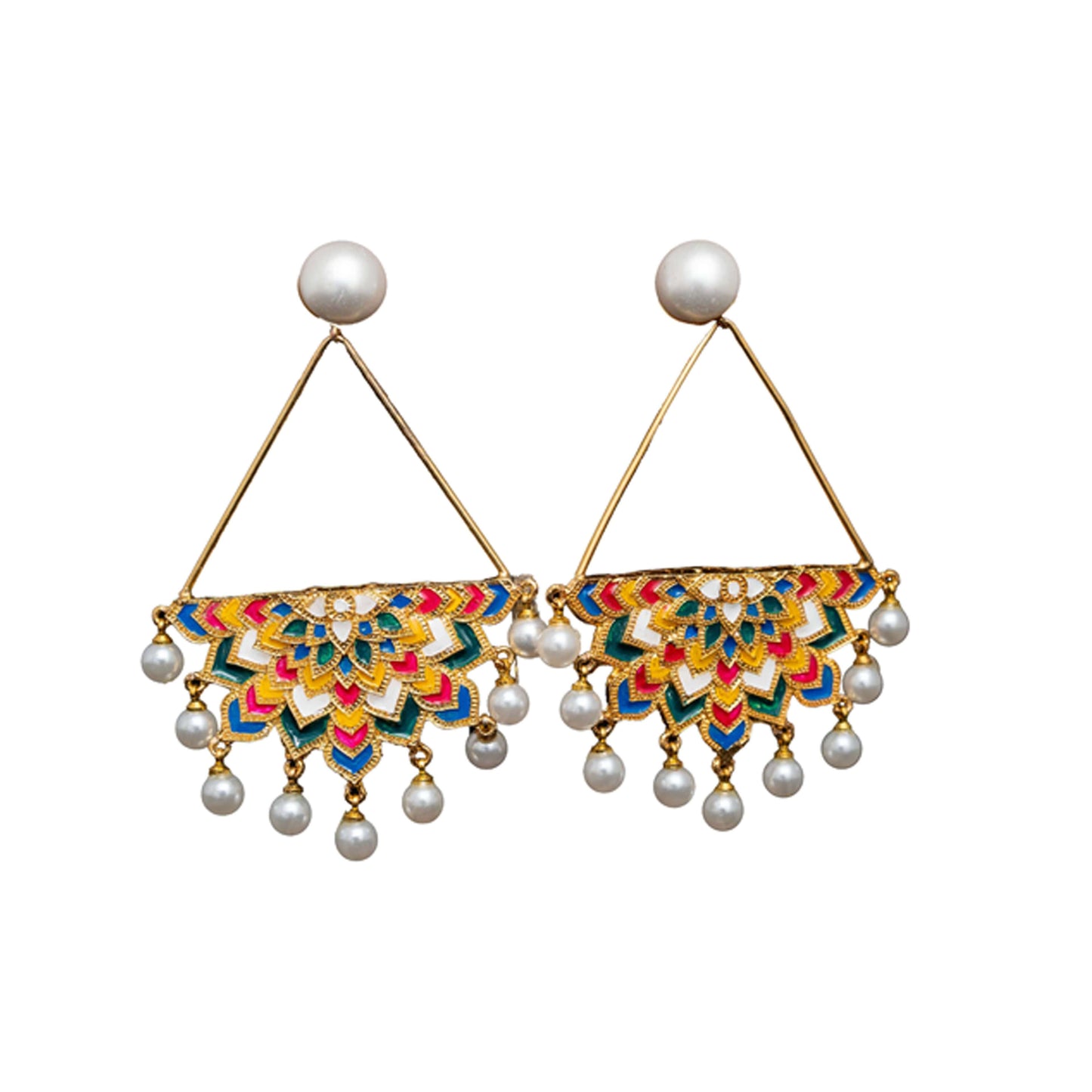 Golden coloured enamel ethereal triangular mandala earrings