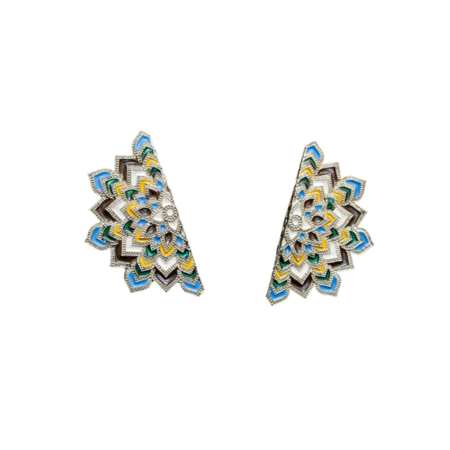 Silver layered angular mandala vibrant ethereal enamel earrings