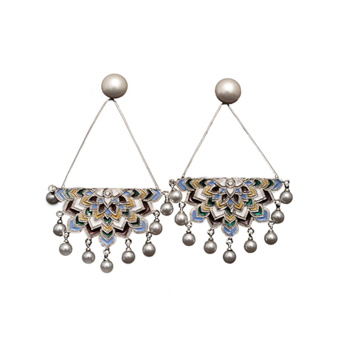 Triangular silver framed enamel ethereal mandala earrings