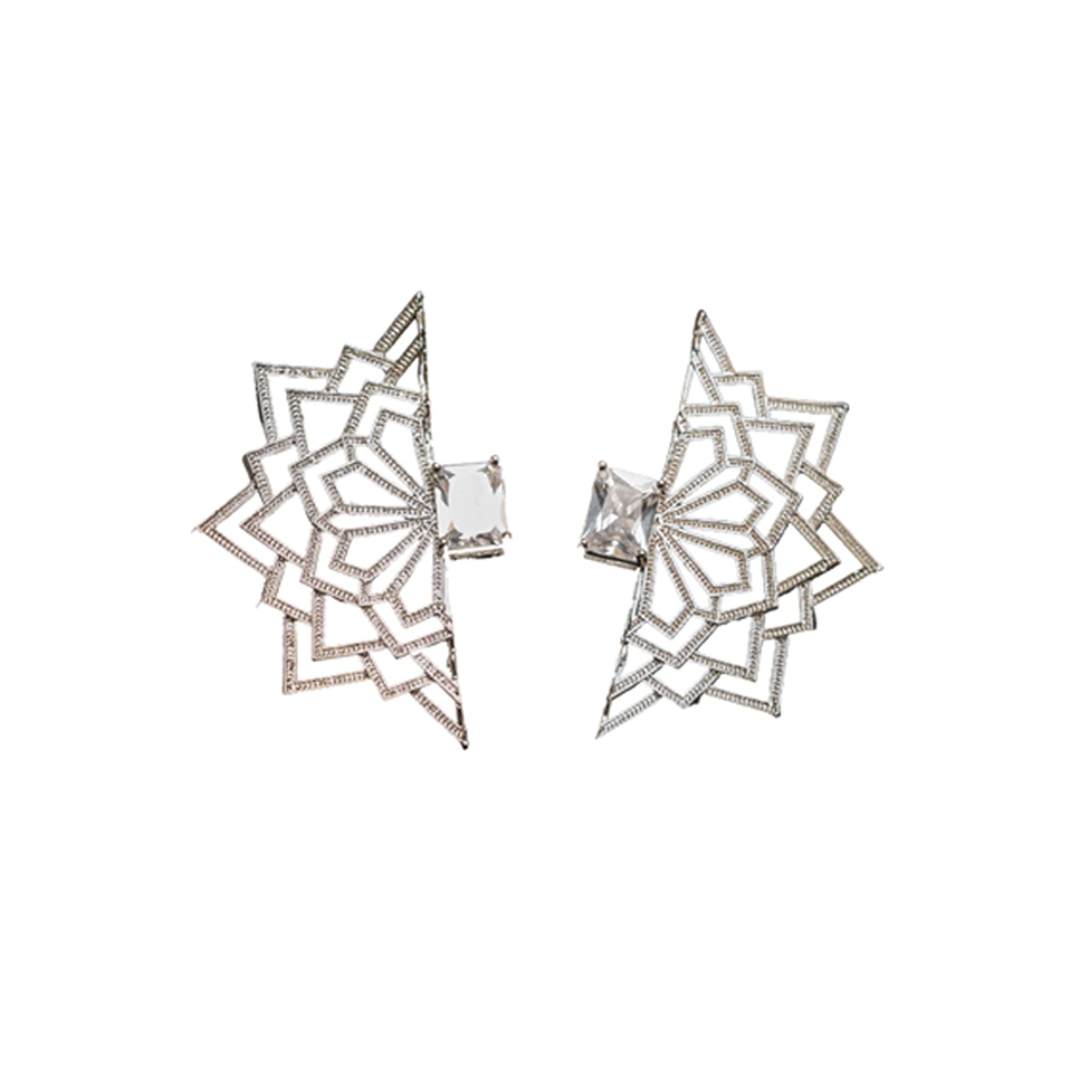 Silver filigree mandala white rectangular CZ astral earrings