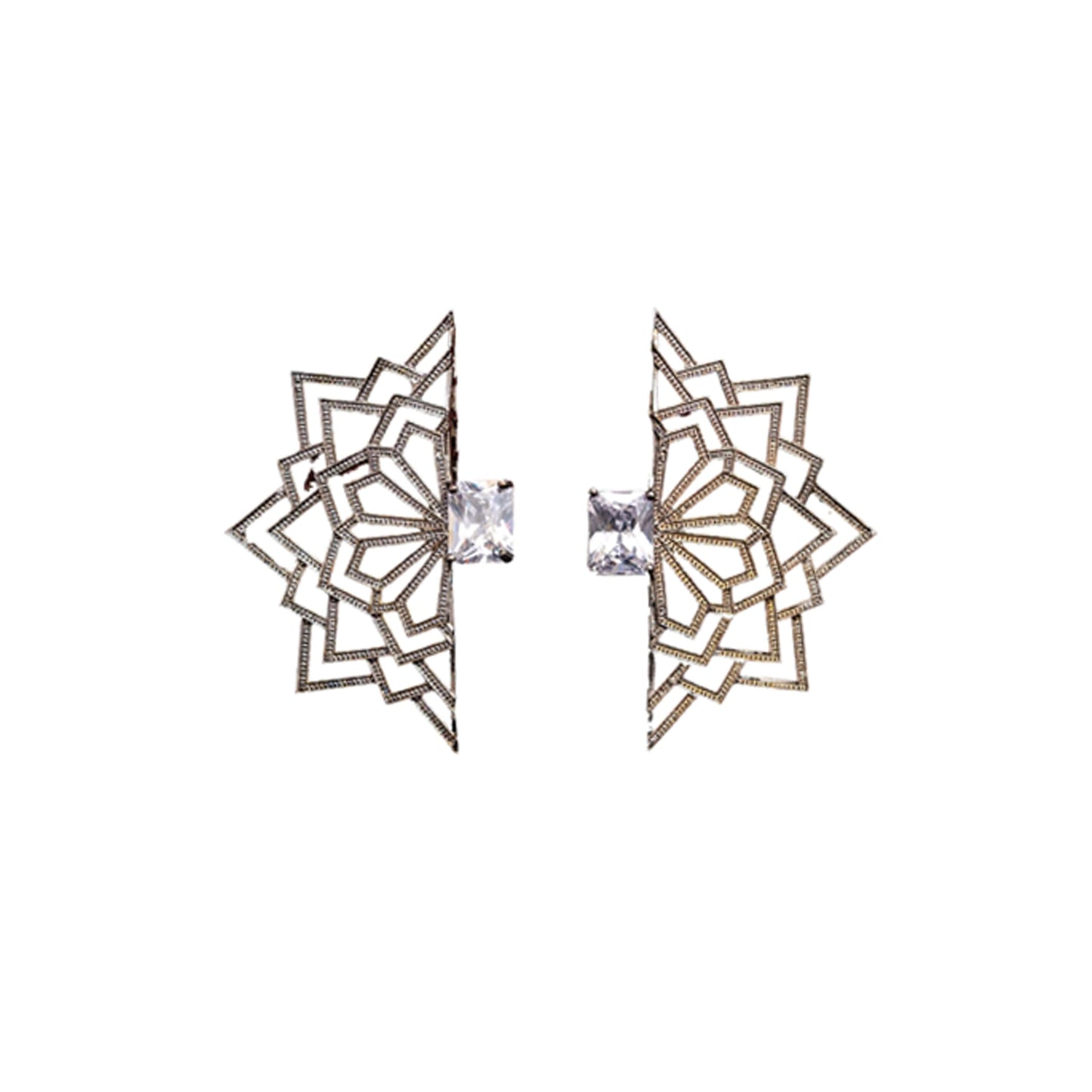White rectangular CZ mandala black filigree astral earrings