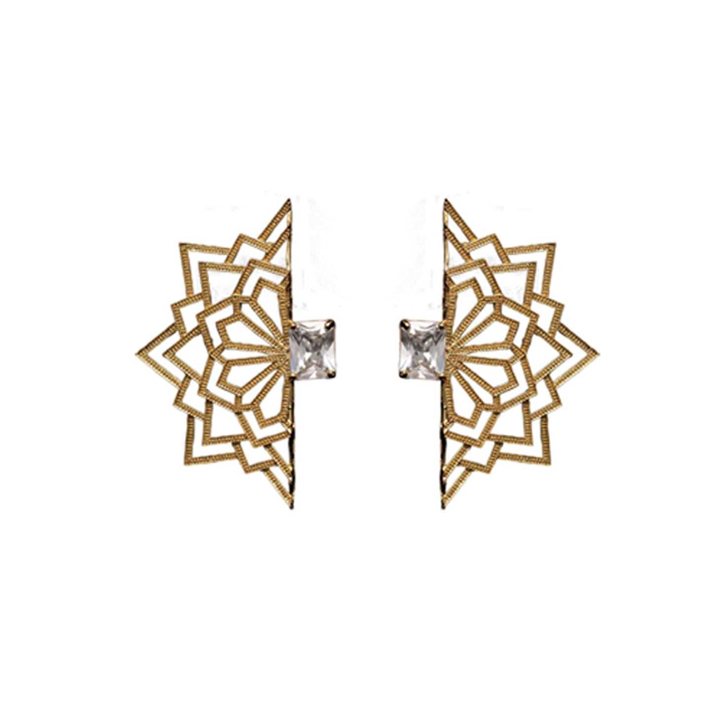 Golden coloured filigree white CZ astral mandala earrings