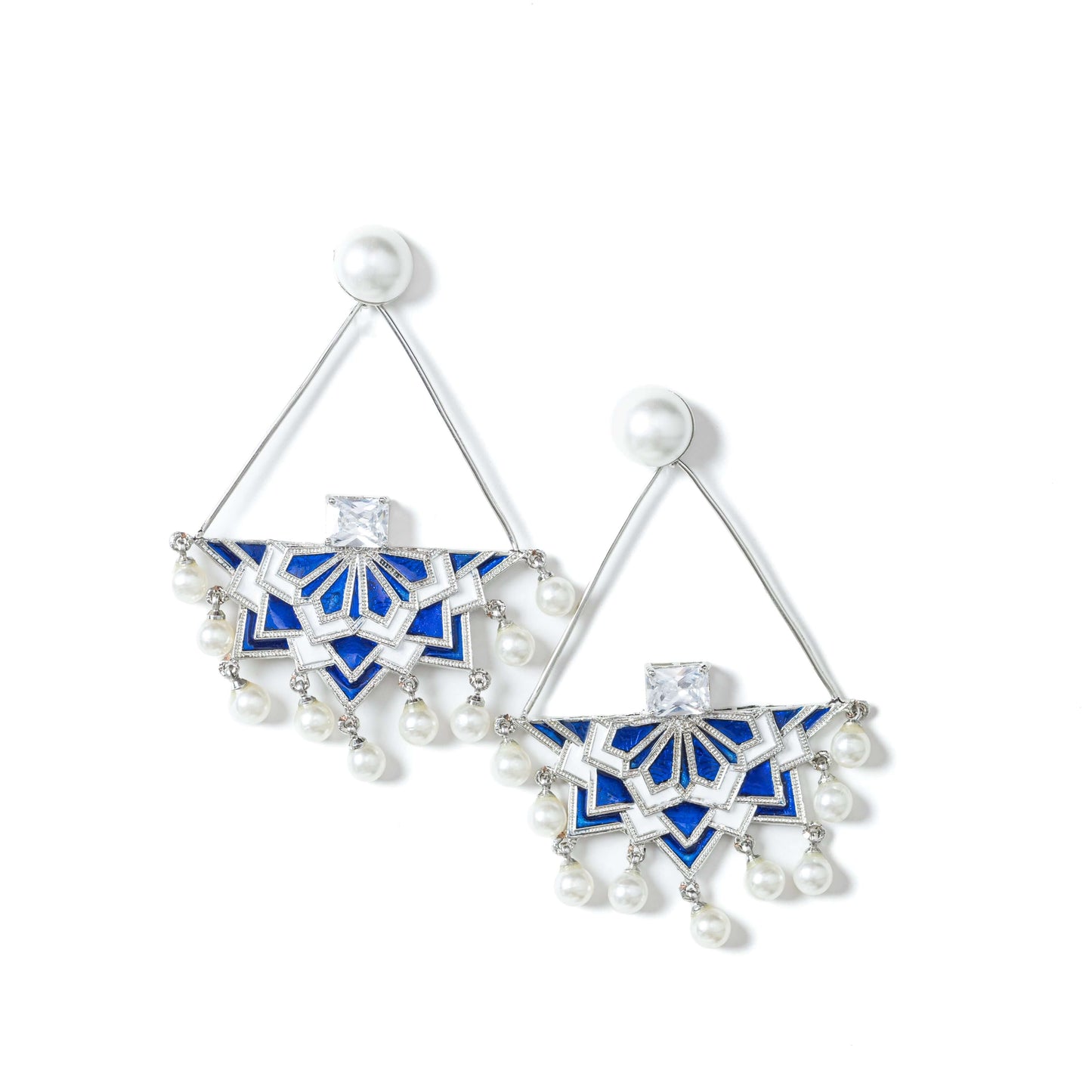 Deep blue and white enamel astral earrings