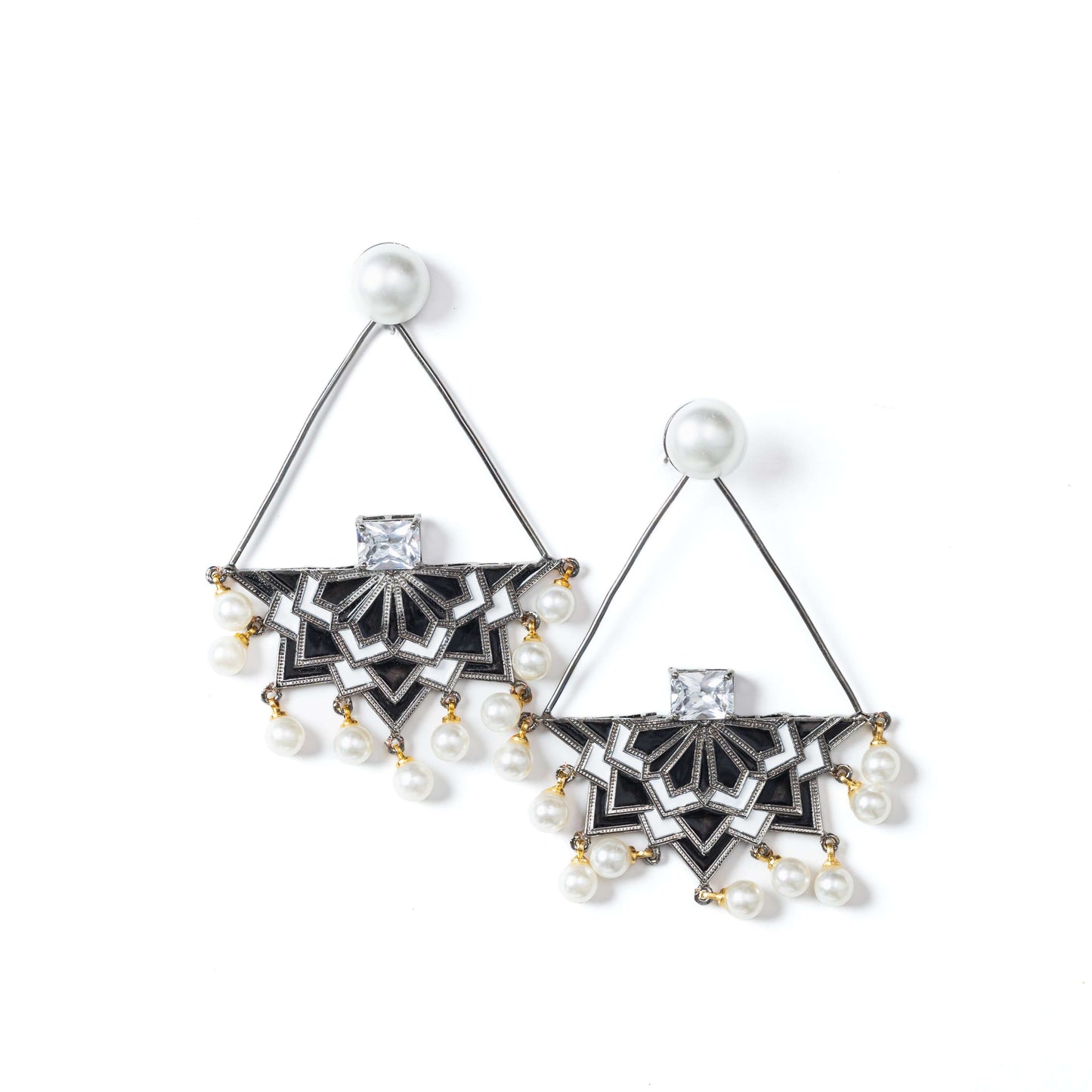 Black & White enamel mandala astral design earrings