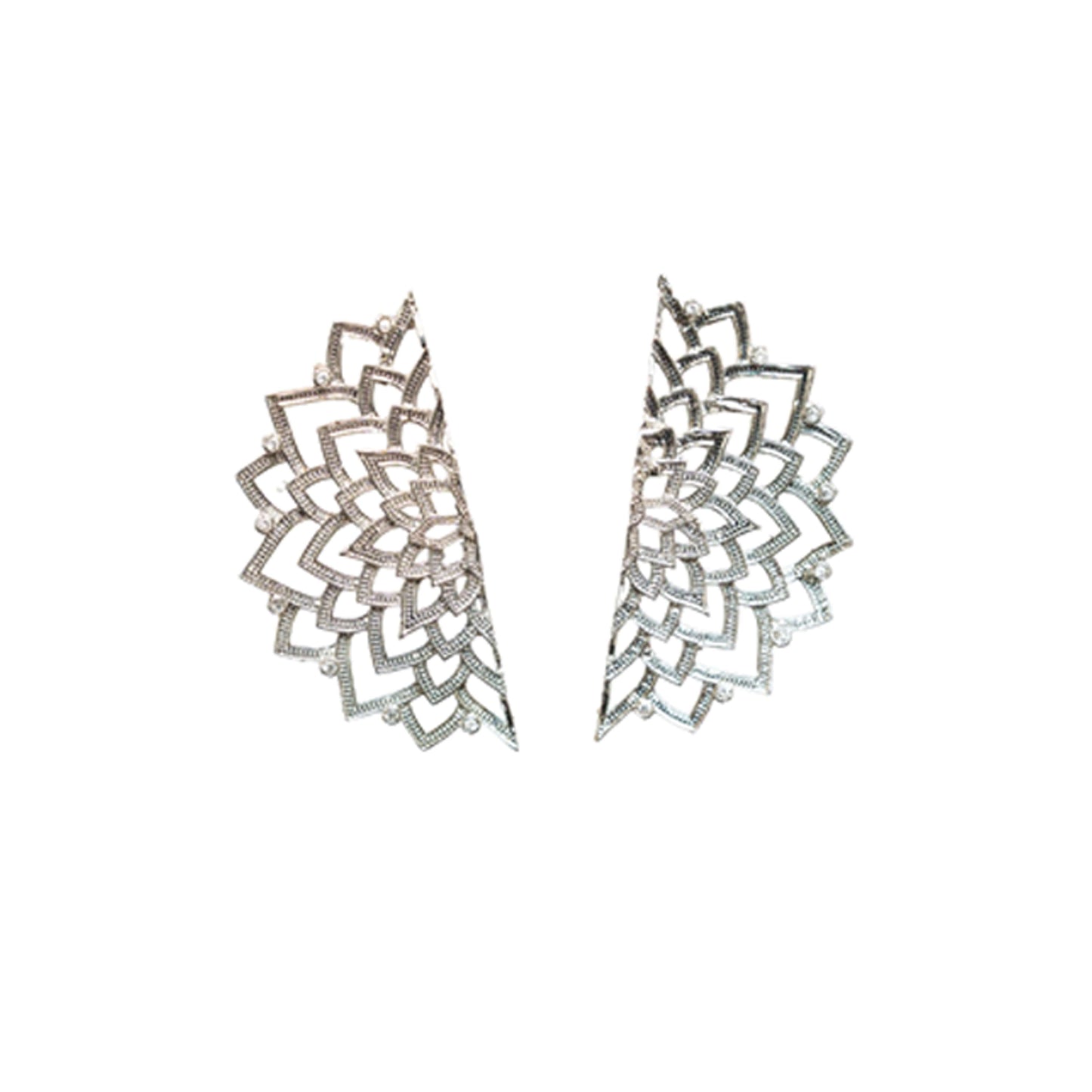 Filigree mandala silver outlines angular blooming earrings
