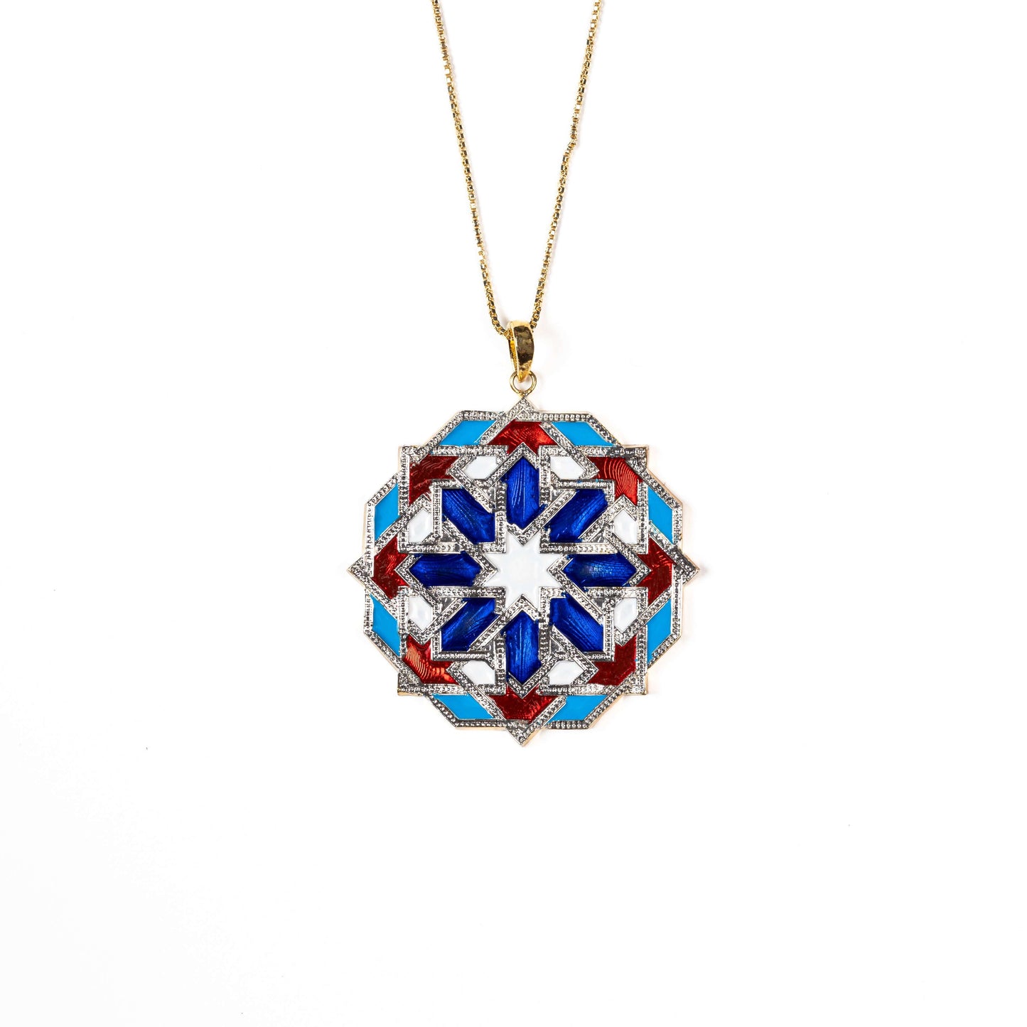 Bold mandala angular design red-blue enamel pendant