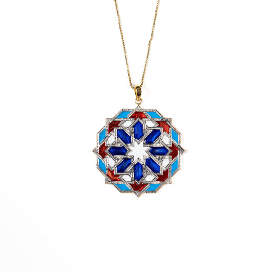 Bold mandala angular design red-blue enamel pendant