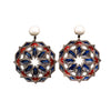 Black angular framed blue and red enamel Mandala earrings