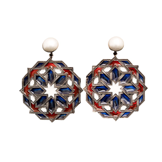 Black angular framed blue and red enamel Mandala earrings