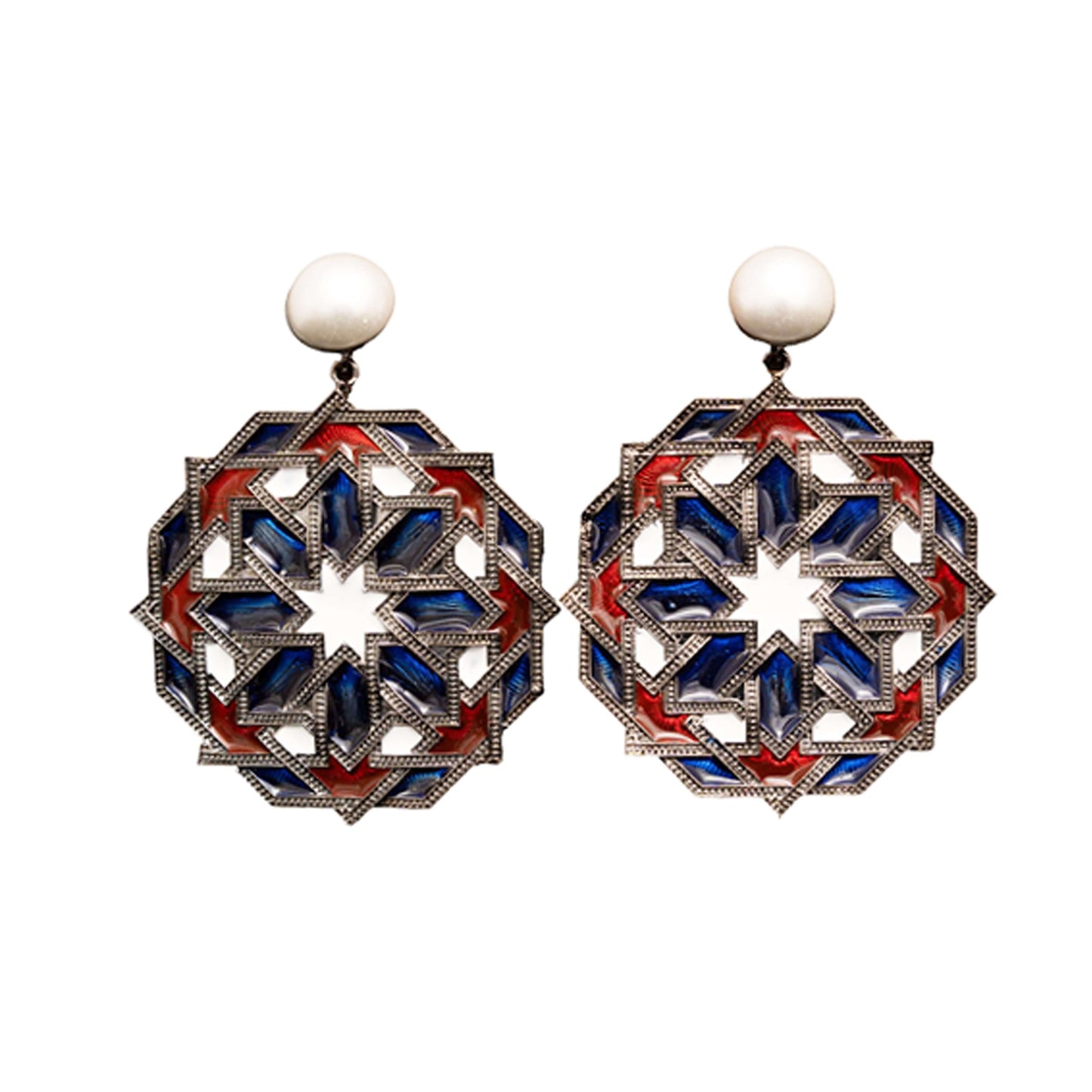 Black angular framed blue and red enamel Mandala earrings