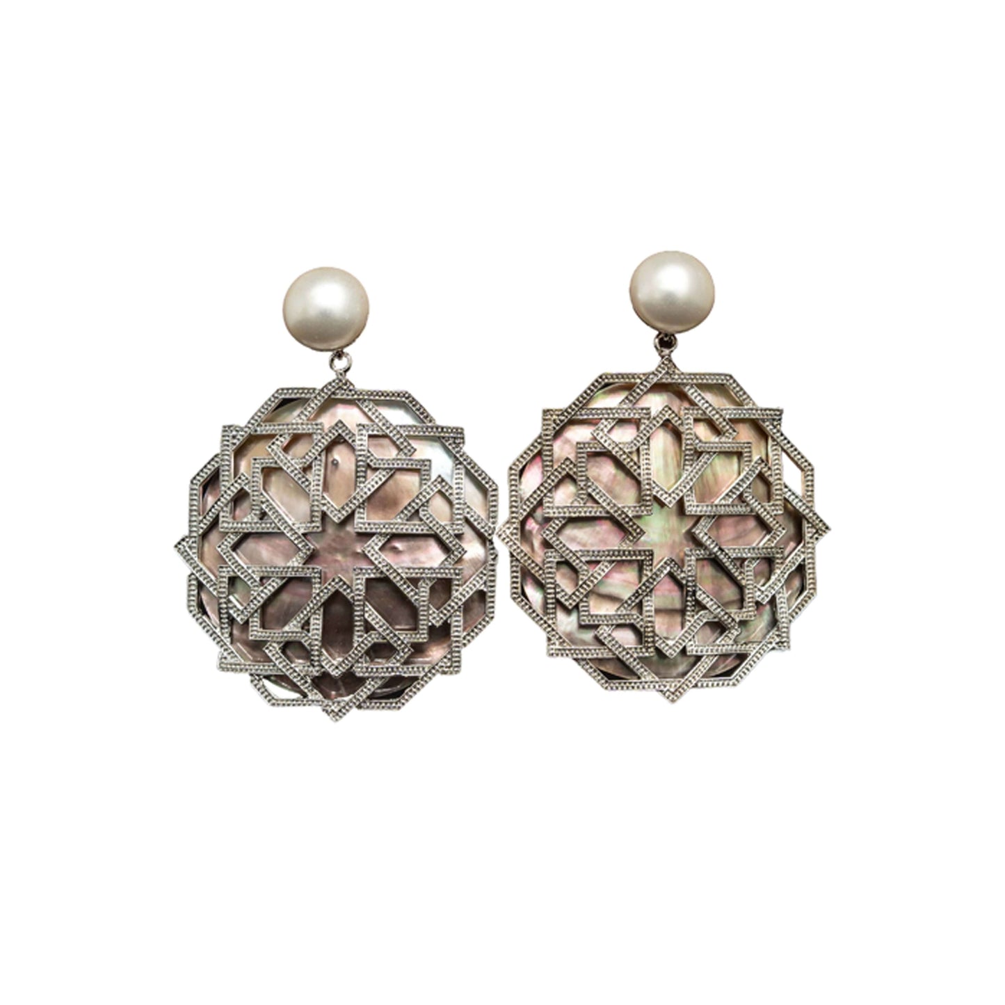 Silver tone angular filigree black pearl-based earrings