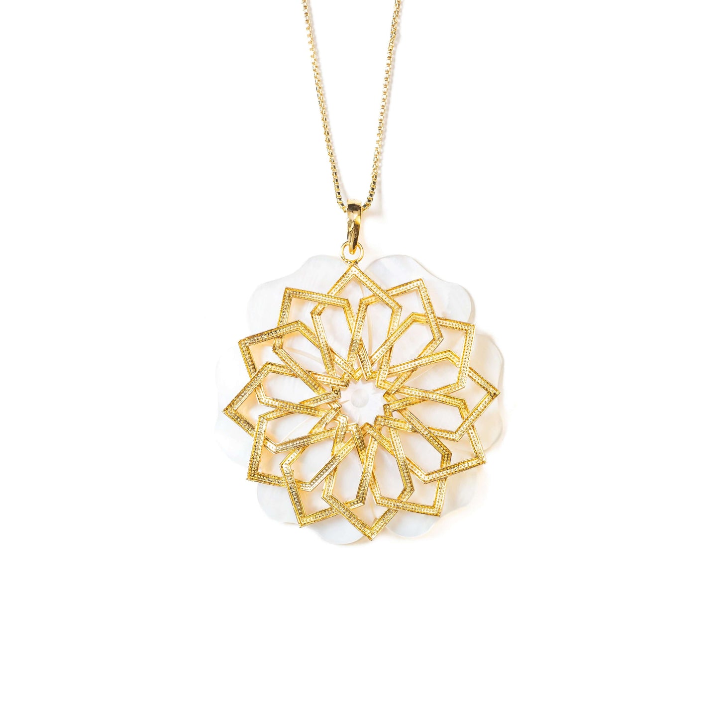 Golden coloured mother of pearl mandala pendant