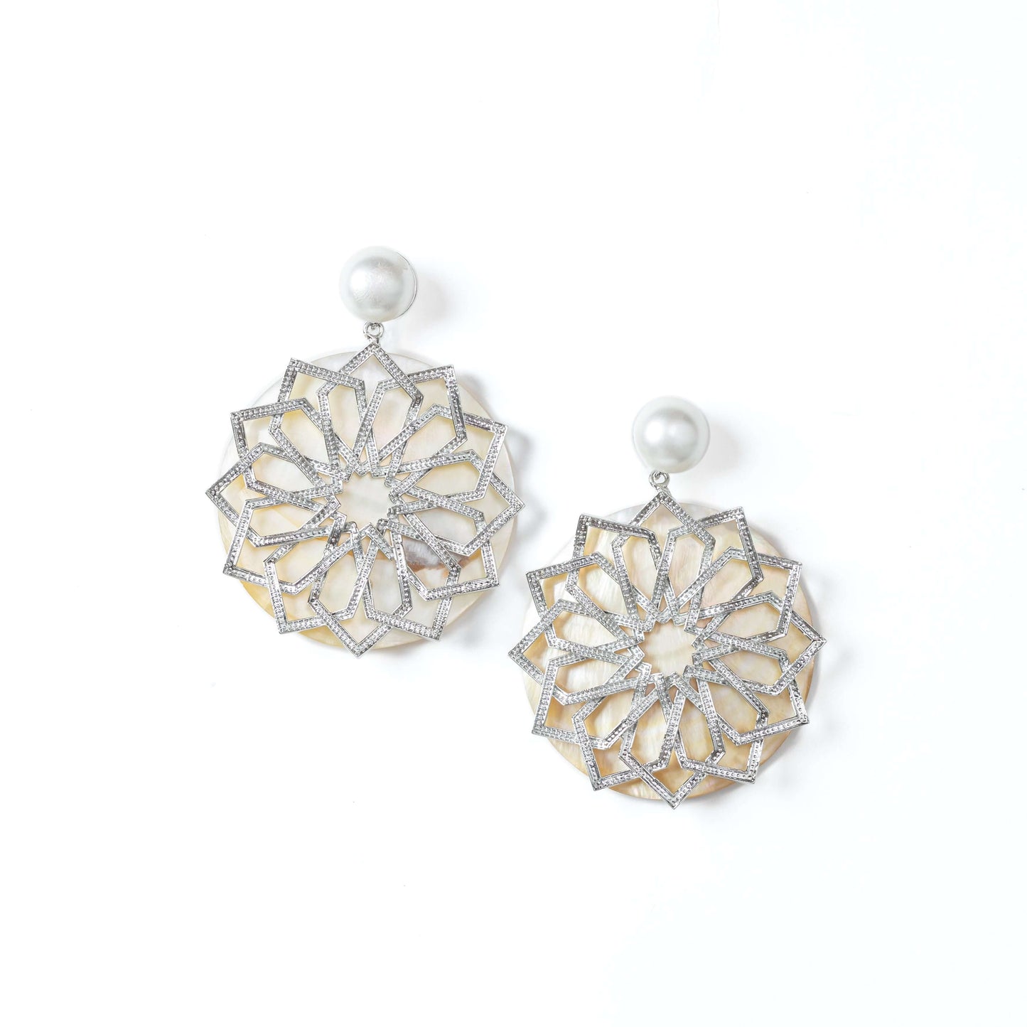 Silver colour mandala design mother-of-pearl earrings