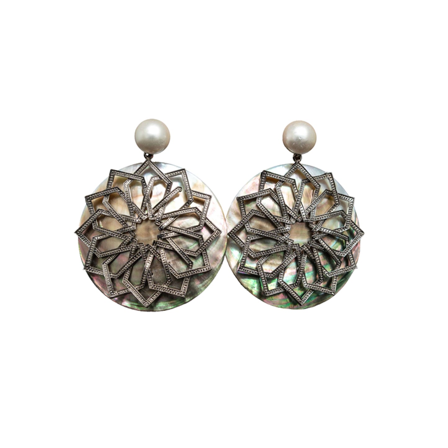 Black-tone filigree mandala design black pearl earrings